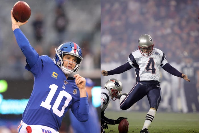 Former New York Giants quarterback Eli Manning (left) and New England Patriots kicker Adam Vinatieri (right).